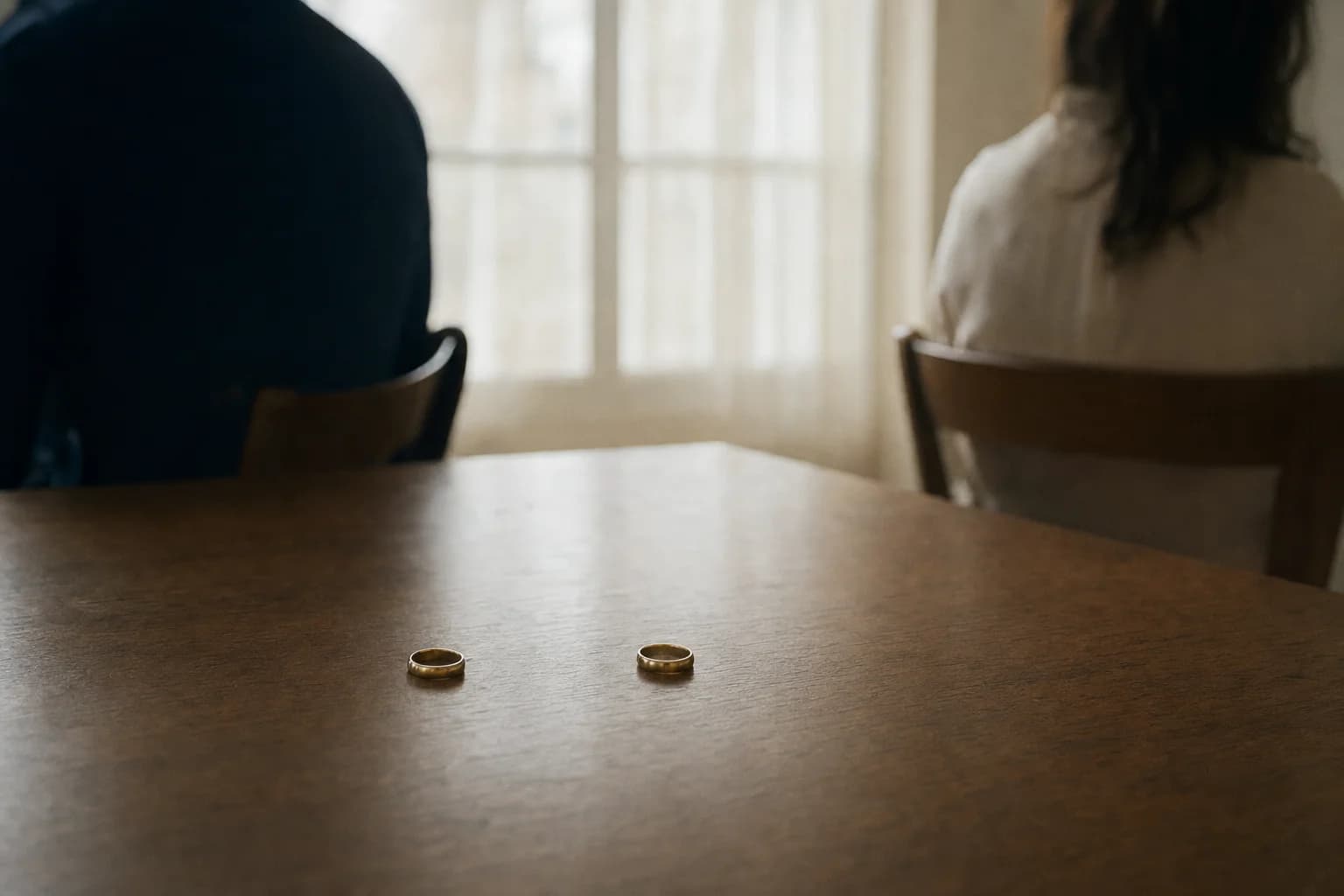 Deux alliances posées à distance l’une de l’autre sur une table