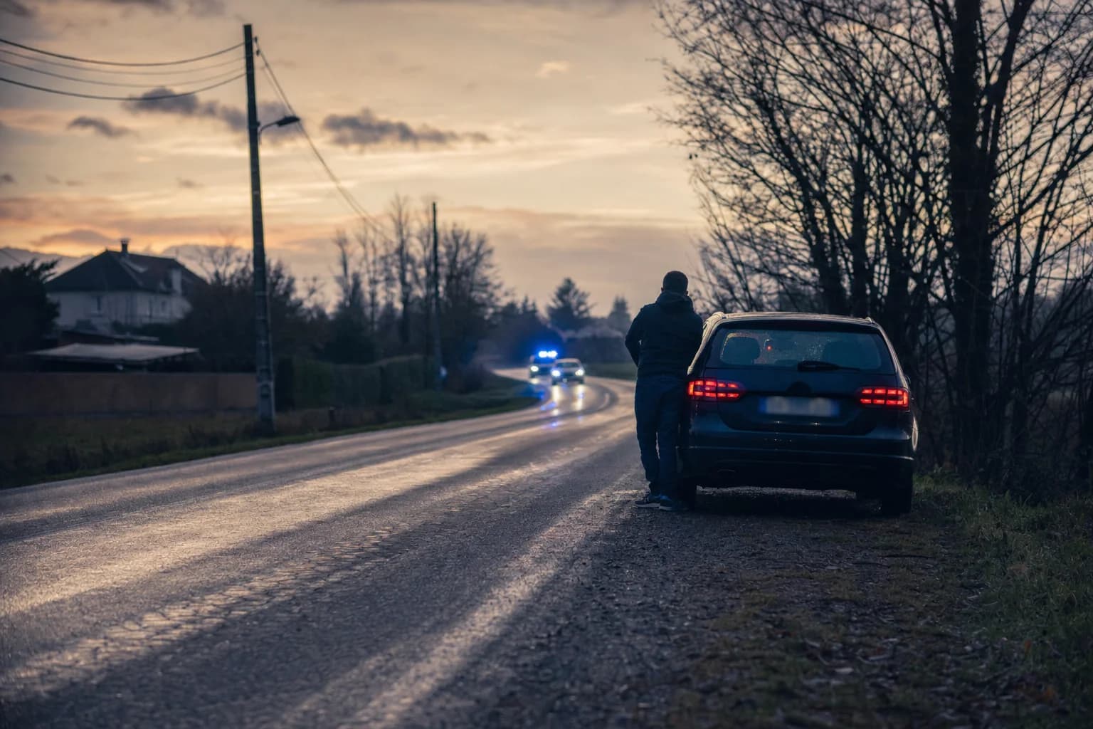 Une voiture arrêtée au bord d’une route au crépuscule, des gyrophares bleus au loin