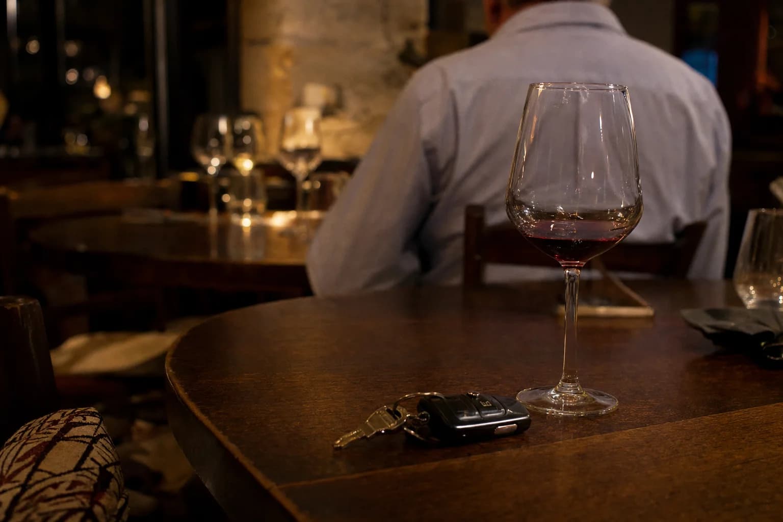 Un verre de vin rouge et des clés de voiture sur une table de restaurant, le soir