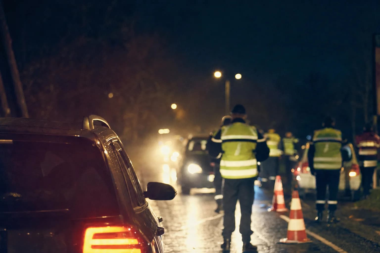 Un contrôle routier de nuit, agents en gilet réfléchissant et cônes sur la chaussée