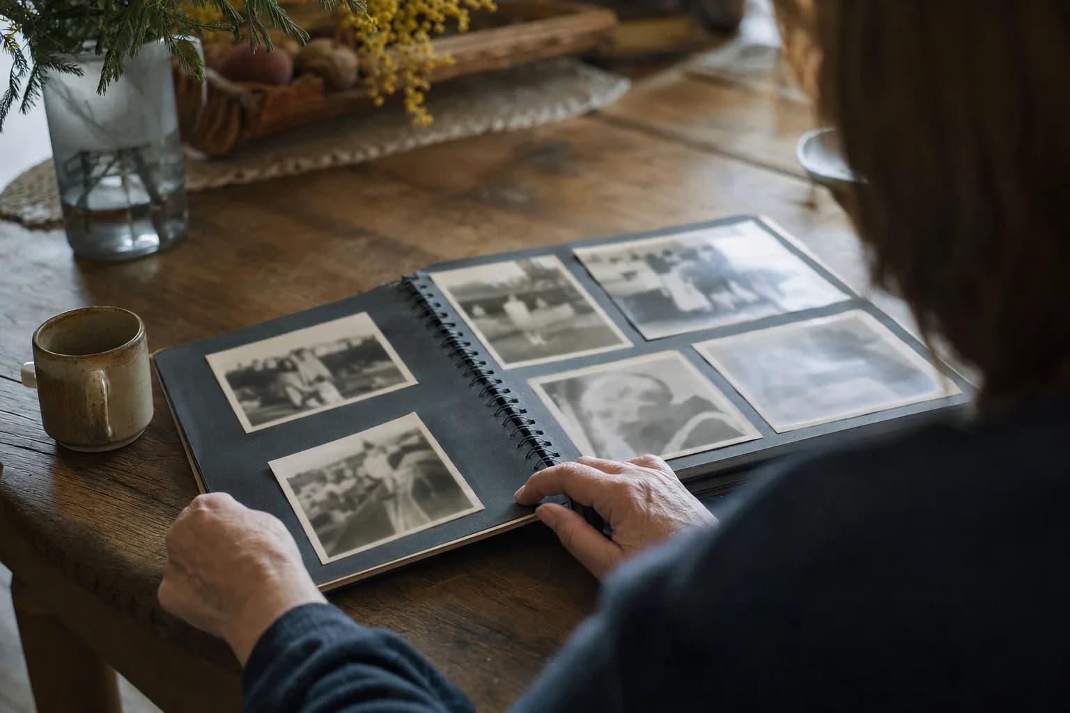 Une personne feuillette un album de photos de famille en noir et blanc