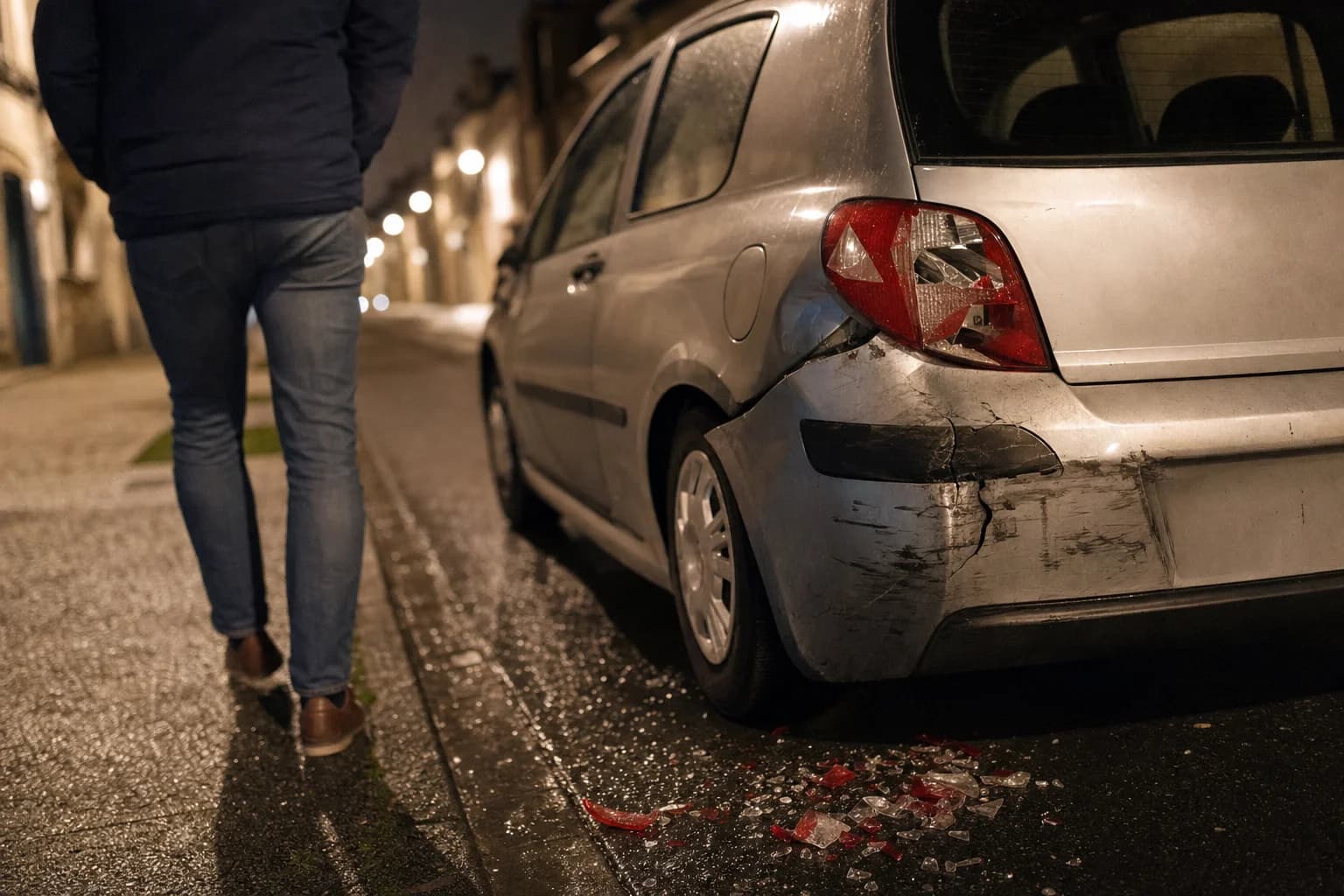 Une voiture grise au pare-chocs enfoncé et au feu arrière brisé, des éclats sur la chaussée mouillée d’une rue, la nuit