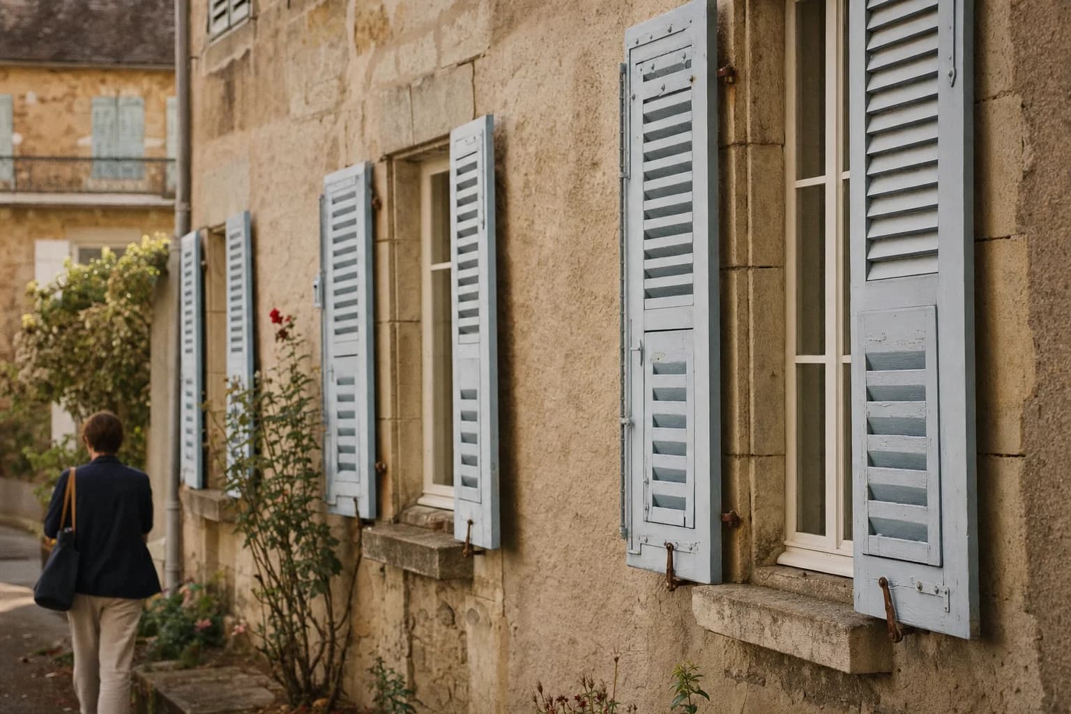 La façade en pierre d’une maison de village aux volets entrouverts