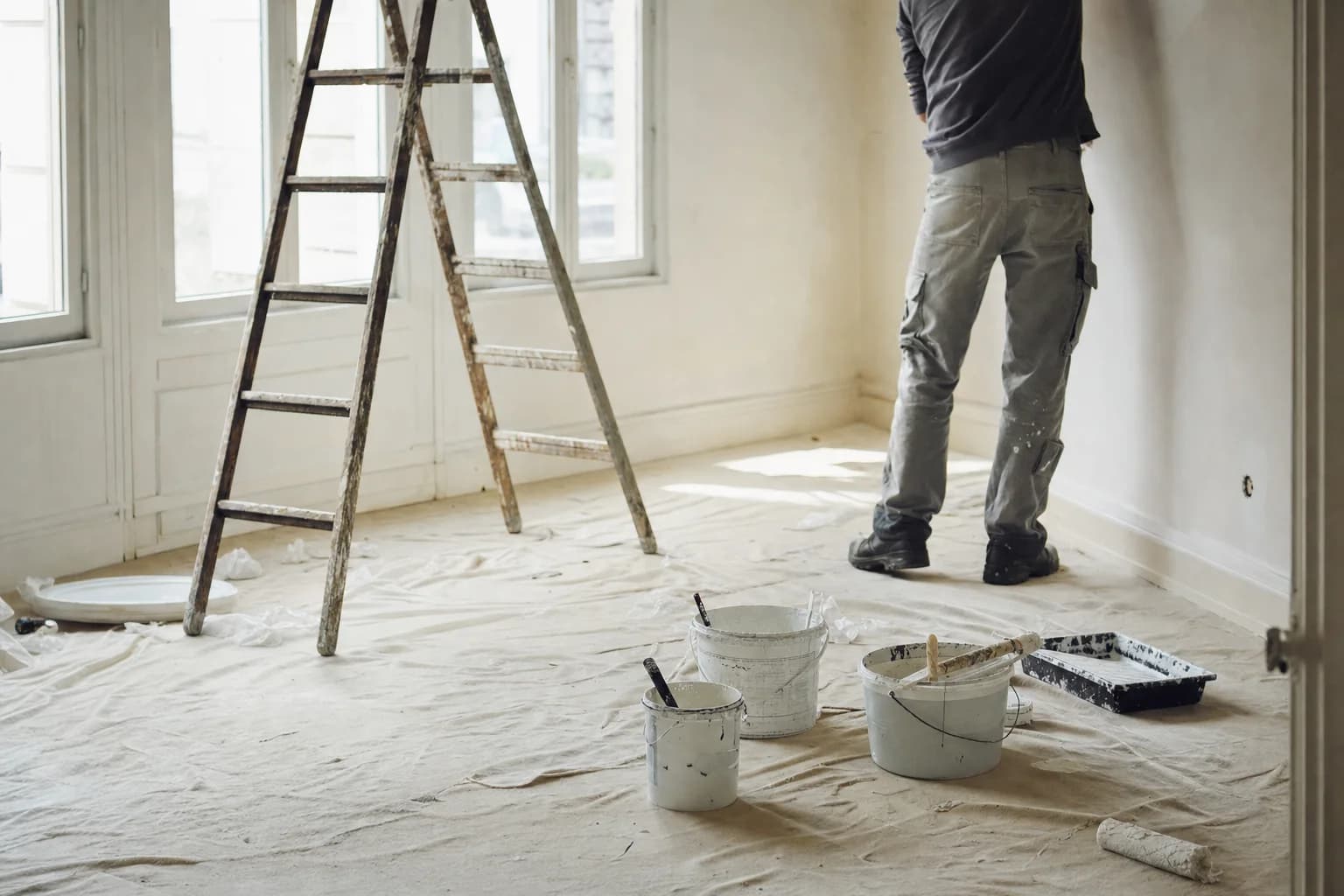 Une pièce en travaux, escabeau et pots de peinture sur une bâche