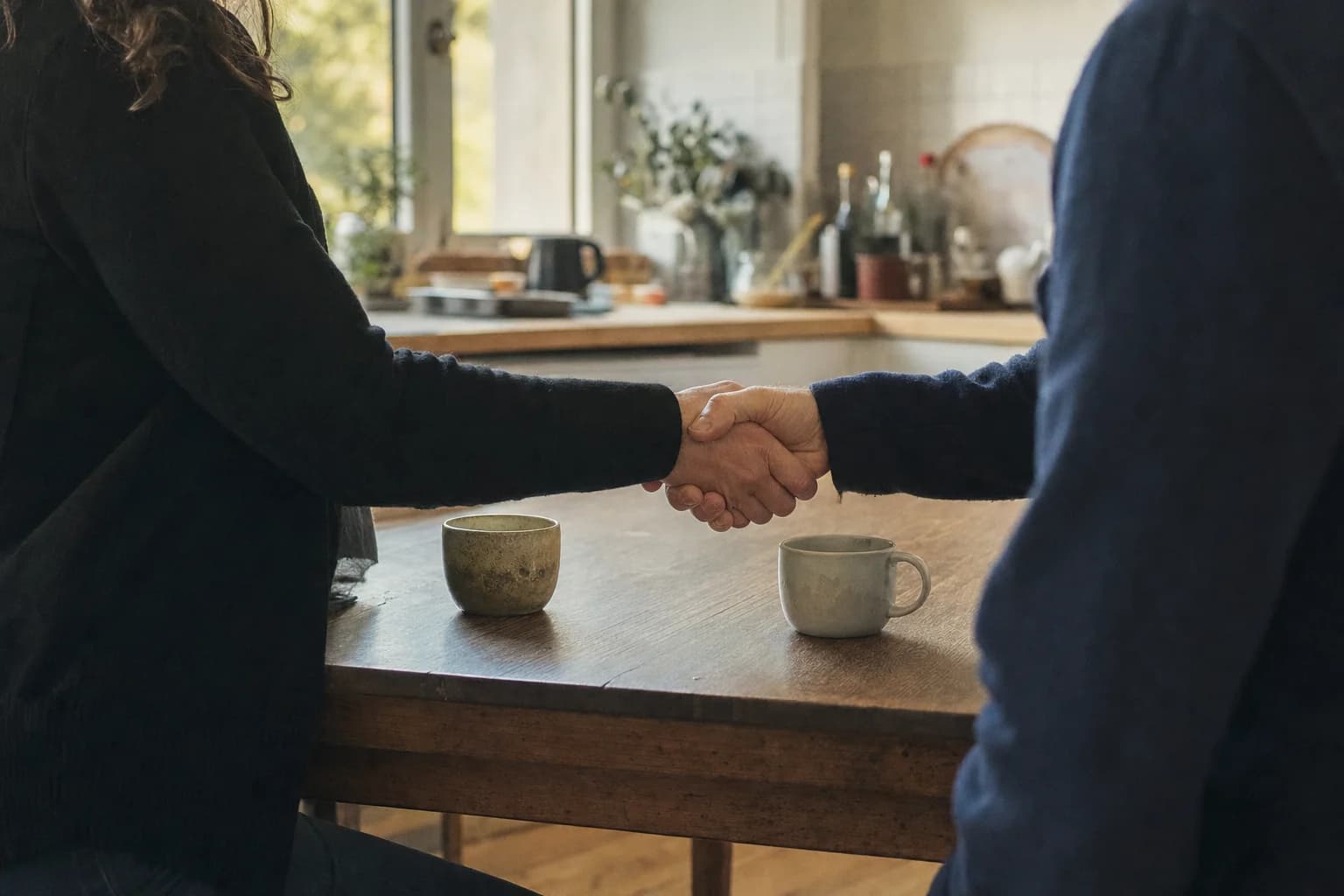 Deux personnes se serrent la main au-dessus d’une table de cuisine