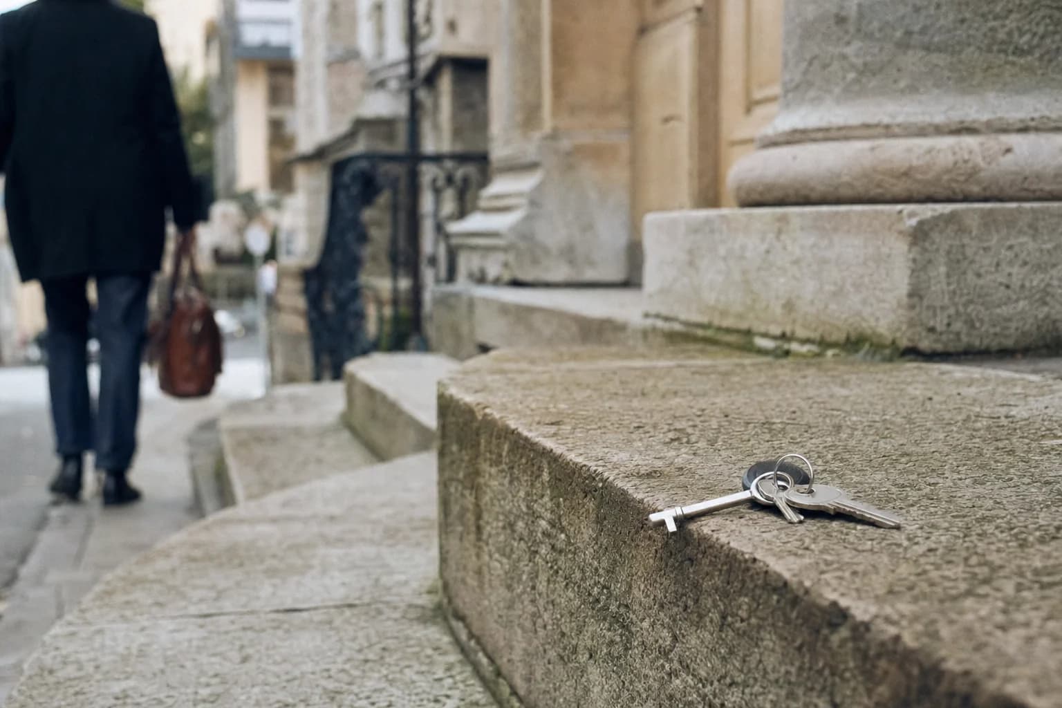 Un trousseau de clés posé sur les marches d’un bâtiment ancien